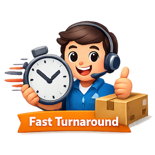 3D cartoon character holding a clock and giving thumbs up representing fast turnaround.