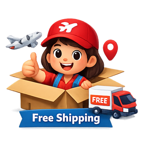 3D cartoon delivery woman sitting in a box showing free shipping for large orders.