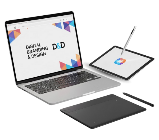 A dynamic 3D composition of digital design tools including a sleek silver laptop displaying a vibrant "Digital Branding & Design" website, a floating tablet with a colorful logo, a graphics drawing tablet, and a floating stylus, all set against a clean light grey background with soft shadows.