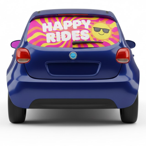 A 3D cartoon-style car from a rear-angle view showing a custom contravision window advertisement with vibrant colors on a clean white background.