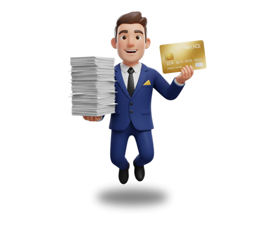 A friendly 3D professional mascot in a navy blue suit holding business invoices and a golden credit card, representing the 30-day interest-free corporate credit at The Color Lab.