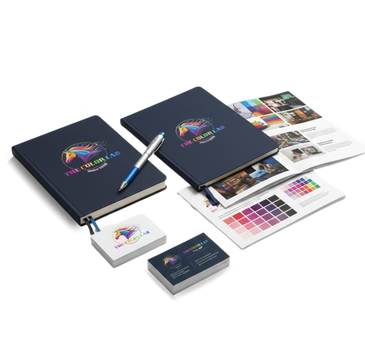 Professional corporate stationery set featuring The Color Lab logo on a branded notebook, stacked business cards, and brochures on a clean white background.