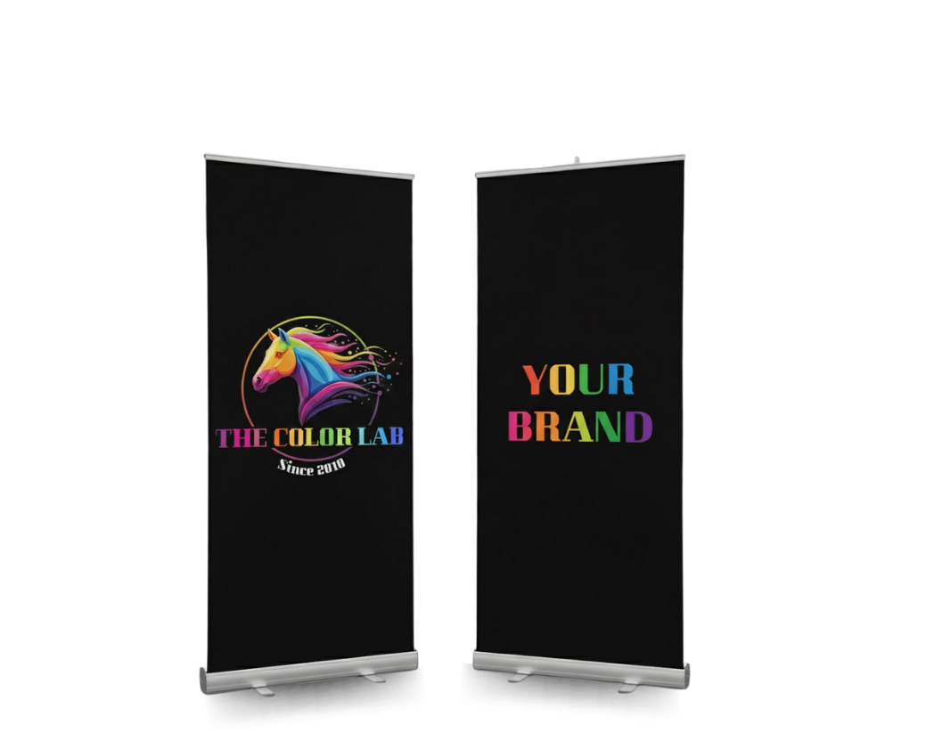 Make a bold statement at your next event with our premium black pull-up banners. High-contrast printing ensures your logo and brand stand out.