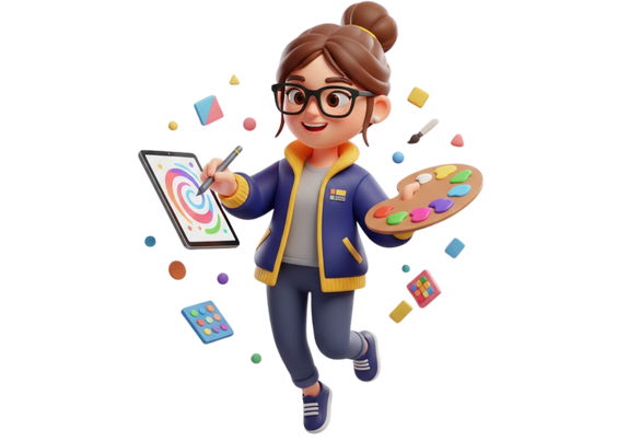 A friendly 3D cartoon designer character holding a stylus and a tablet, wearing corporate navy and yellow colors, representing professional design services at The Color Lab.