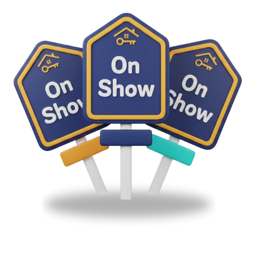 3D cartoon-style illustration of professional real estate "On Show" boards, featuring vibrant colors and a clean modern design for property marketing.