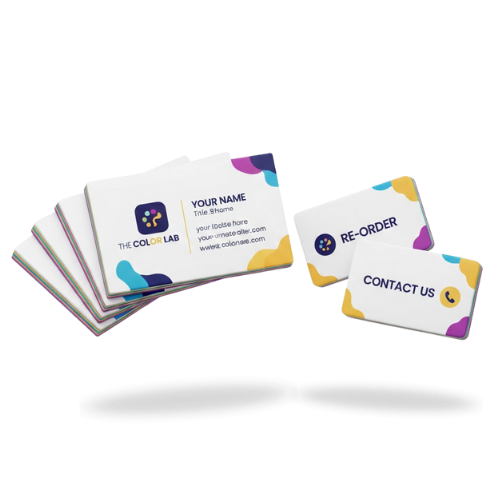 3D illustration of a fanned-out stack of professional business cards and magnetic cards, showcasing premium print quality for networking.