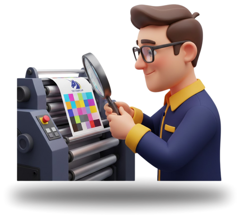 A 3D cartoon quality inspector with a magnifying glass examining a print job on a machine, wearing The Color Lab corporate colors, symbolizing high-quality control.